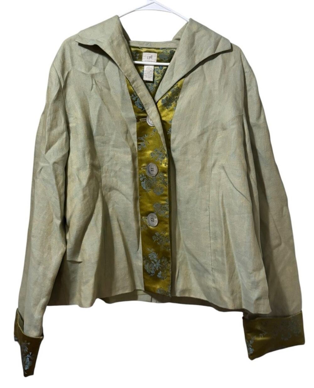 J Jill Linen Blend Big Button Down Jacket Women Size Large Paisley Trim Metallic